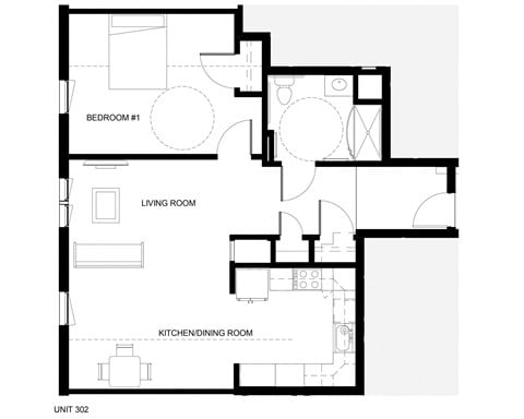 Floor plan for 1 bed, 1 bath, 629 sqft